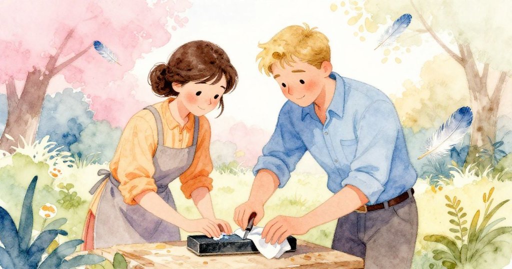 德雷克專心用濕布覆蓋石磨修整剪刀，維拉滿意注視，空中輕舞銀藍羽毛，展現圓滿溫馨結局。