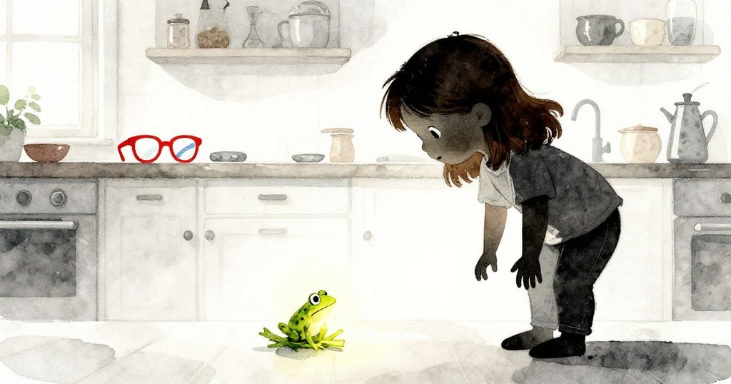 Olive站在溫暖廚房內,身影剪影映著窗外光線,注視紅藍玻璃旁葉上發光的小青蛙,充滿好奇。