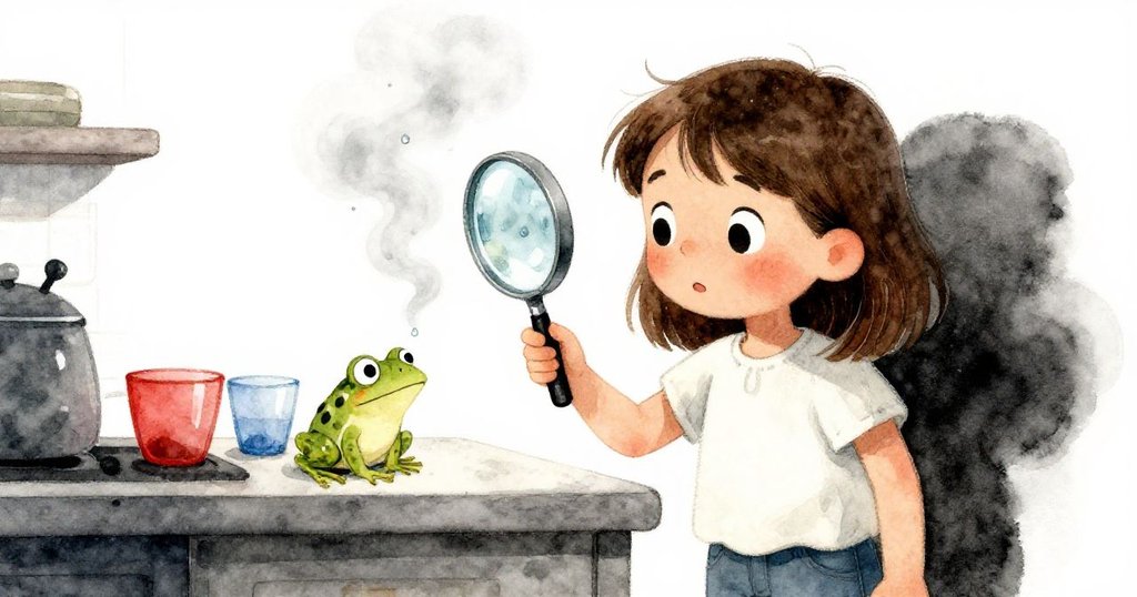 Olive舉起放大鏡近距離觀察,呼出的蒸氣使鏡面起霧,迷你青蛙隱約可見,廚房背景有紅藍玻璃,充滿層次感。