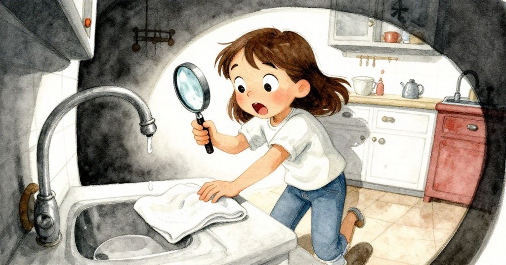 Olive驚訝間手中放大鏡滑落,毛巾近拍與水龍頭滴水形成急促動感,畫面透過扭曲鏡頭呈現緊張瞬間。