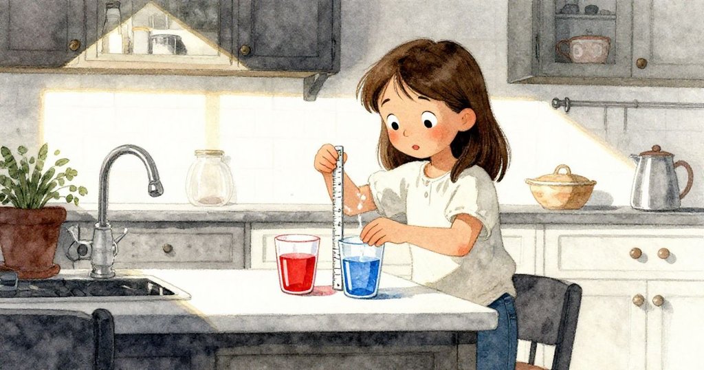 Olive專注地用尺子測量紅藍玻璃中的水位,陽光灑落廚房呈現懷舊色調,神情平靜而堅定。