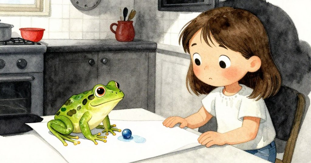 Olive細心觀察筆記本邊緣,青蛙安坐其上,一滴藍色染料緩緩滾落,畫面定格呈現靜謐瞬間。