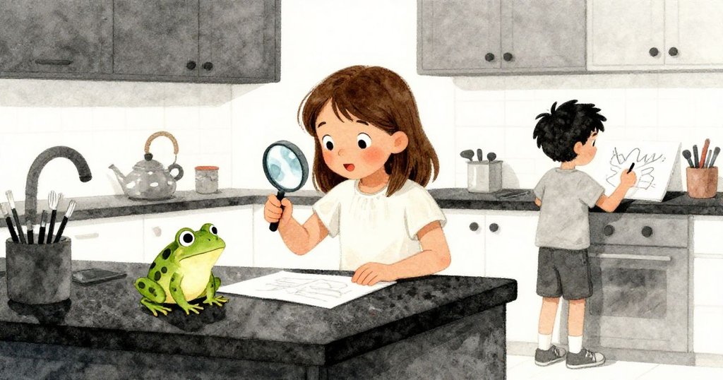 Olive在精緻廚房內輕放放大鏡於青蛙旁,背景中Wyatt用蠟筆細心畫圖,鏡頭拉遠展現溫馨全景,充滿和諧感。