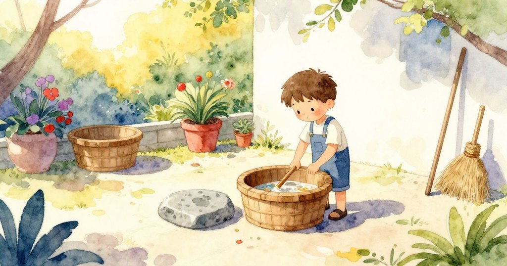 Emmet 一個穿著簡單工作服的男孩在溫暖陽光下的露台上整理木盆、石板與草刷，環境中的落葉和石頭展現大自然的初晨景色。