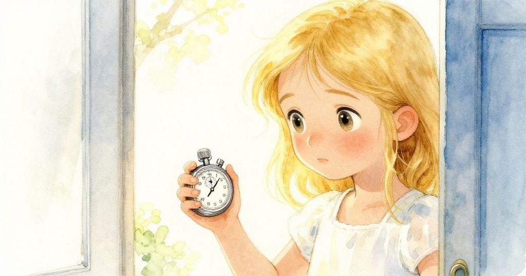 Kay 穿著淡雅衣裙的女孩站在門口，手持秒表，神情專注地關注露台上發生的細節，背景溫暖而明亮。