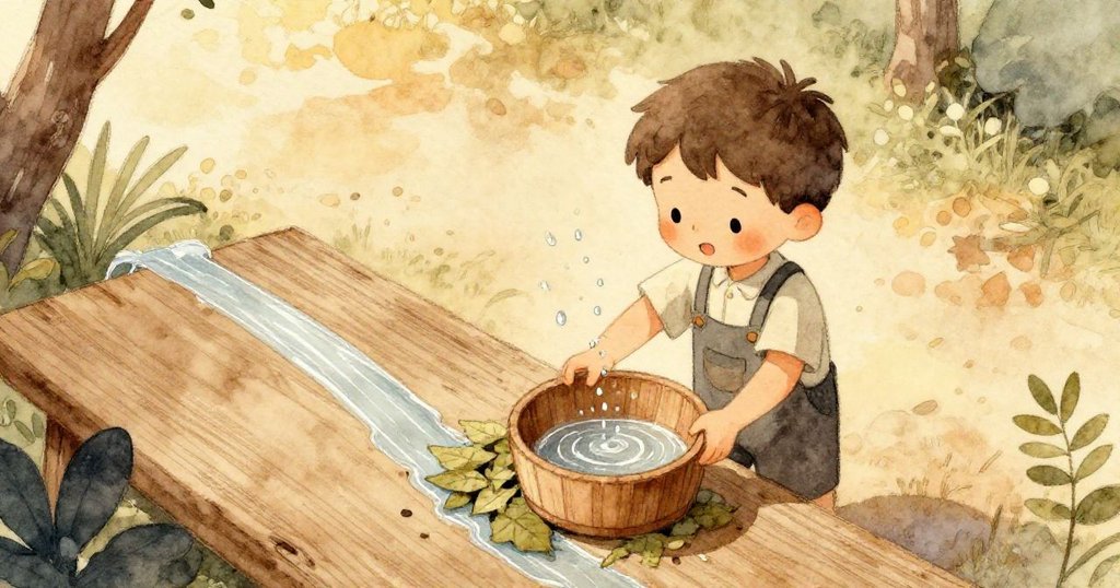 從高空角度看，Emmet 正用手指輕彈木盆滴水，水珠灑落在不均色彩的落葉上，露台環境在柔和陽光下顯得動感十足。