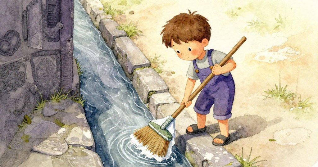 Emmet 專心致志地用草刷與濕布固定於斑駁石縫旁，試圖阻斷沿著牆角流動的水流，展現解決問題的智慧與努力。