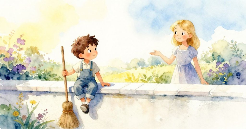 工作結束時，Emmet 將草刷橫放在露台牆上休息，Kay 在旁面帶微笑確認秒表時間，整體氣氛寧靜溫馨，景物細膩。