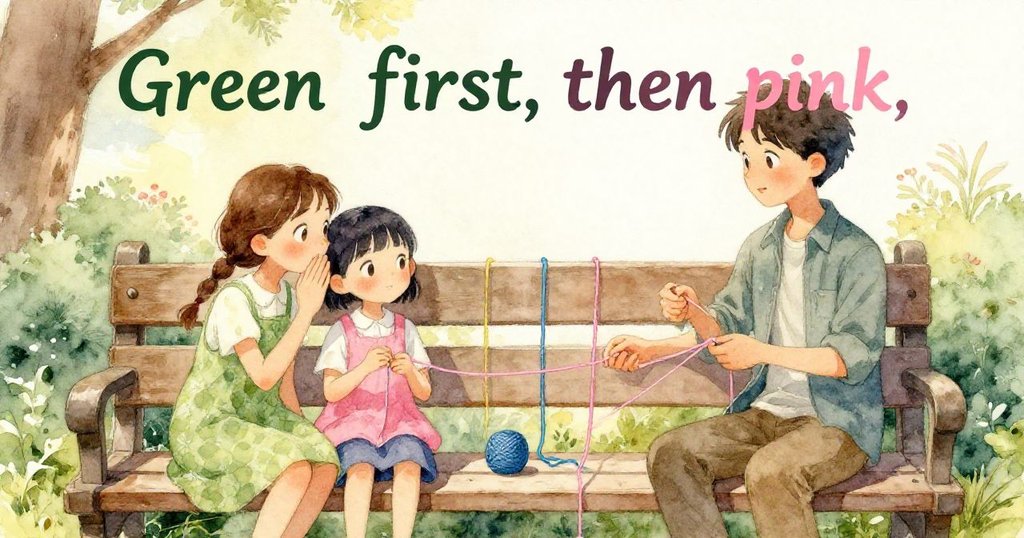 蘇姬專注調整蠟質粉紅線與彩色線條，特寫呈現材料質地與圖案卡歲月痕跡，溫馨細膩表現。