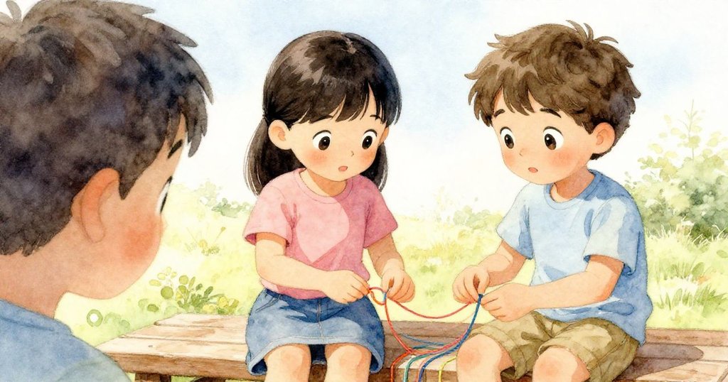 從蘇姬肩後視角呈現，她與特洛伊在長椅上細心協作調整線帶，背景中隱隱約約見到兒童遊戲區，互動溫暖。