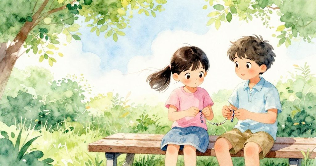 戶外長椅上，蘇姬與特洛伊在明亮日光中調整線帶，微風吹拂鬆散線尾，呈現生動自然互動場景。