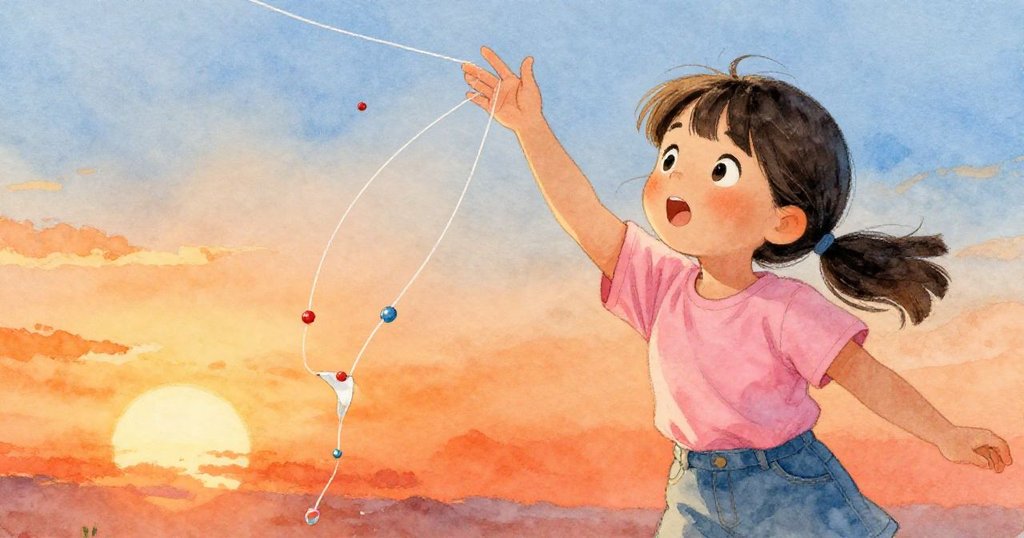 突如其來的膠帶脫落使彩色線條飛散，蘇姬迅速接住掉落的綫組，臉上展現驚訝與果斷，氣氛緊張。