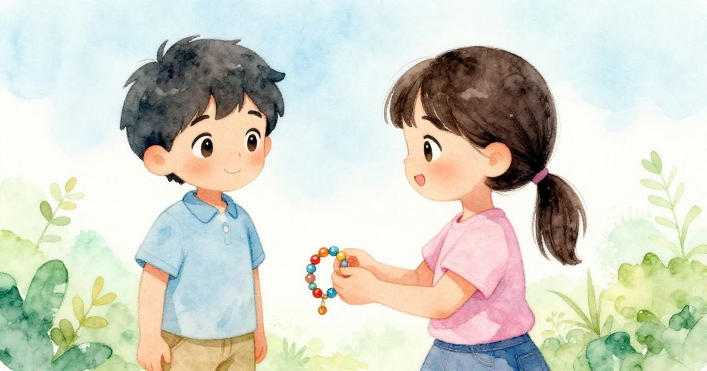 蘇姬完成彩色手鐲，溫柔將成品交給友人，特洛伊在旁微笑見證，背景散發柔和光線充滿滿足與溫暖。