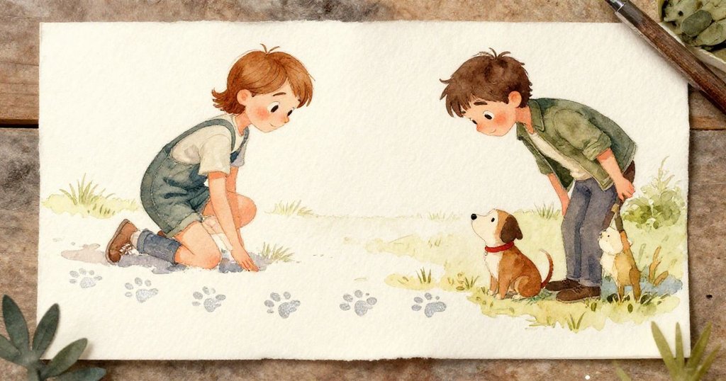 路克的手輕觸畫板，細緻展現紙面上擴散的銀灰色貓爪印，色彩滲透露出專注與期待神情。