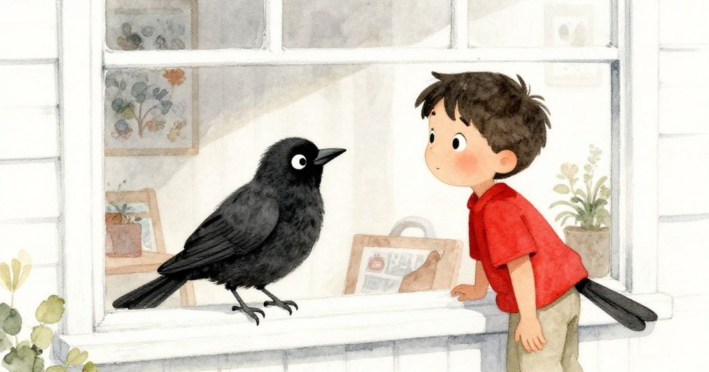 透過窗戶可見，黑鳥停在門廊欄杆上，路克映在玻璃中，室內外意境交錯，氛圍靜謐而充滿神秘。