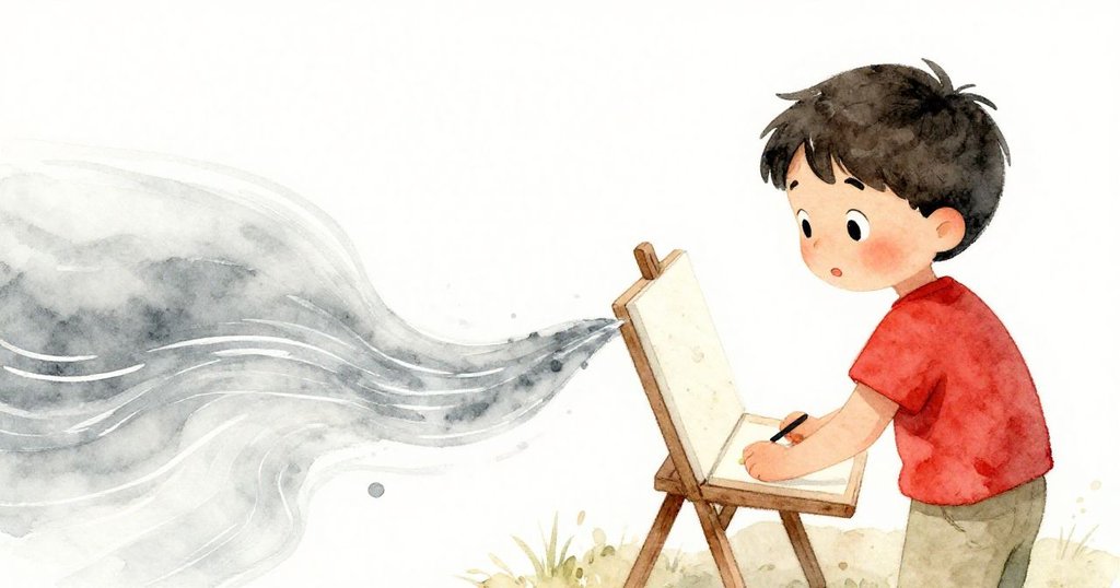 在夢幻回憶色調中，路克凝視著板上轉變成溪流般的銀色印痕，心中流露出驚奇與柔和的感受。