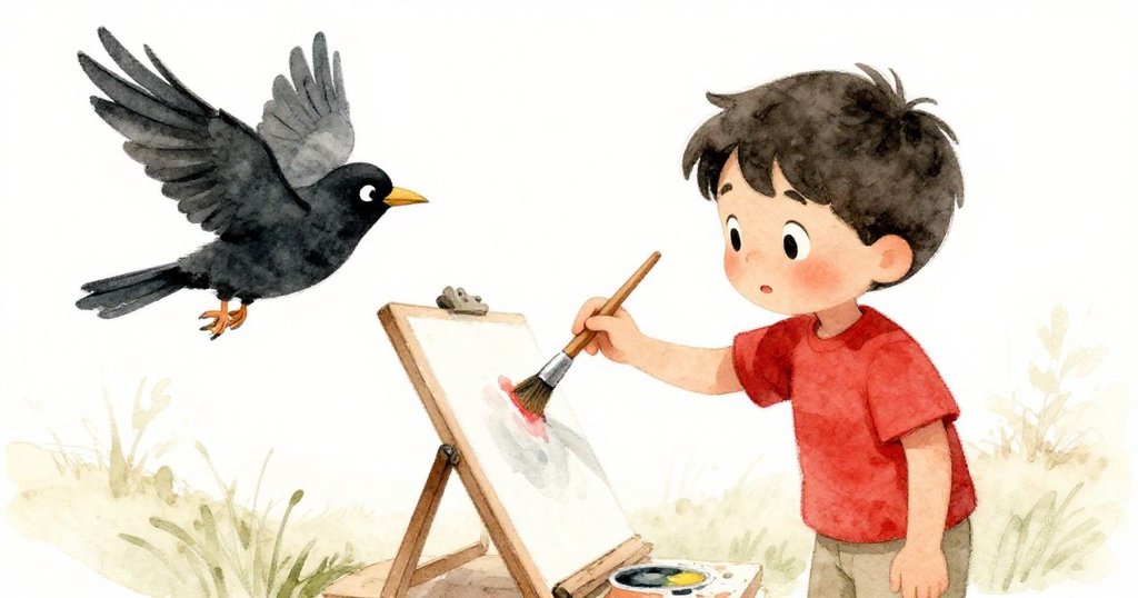 路克在門廊上點水於畫板，黑鳥好奇飛近，共享創作瞬間，畫面充滿活力與溫暖互動情懷。