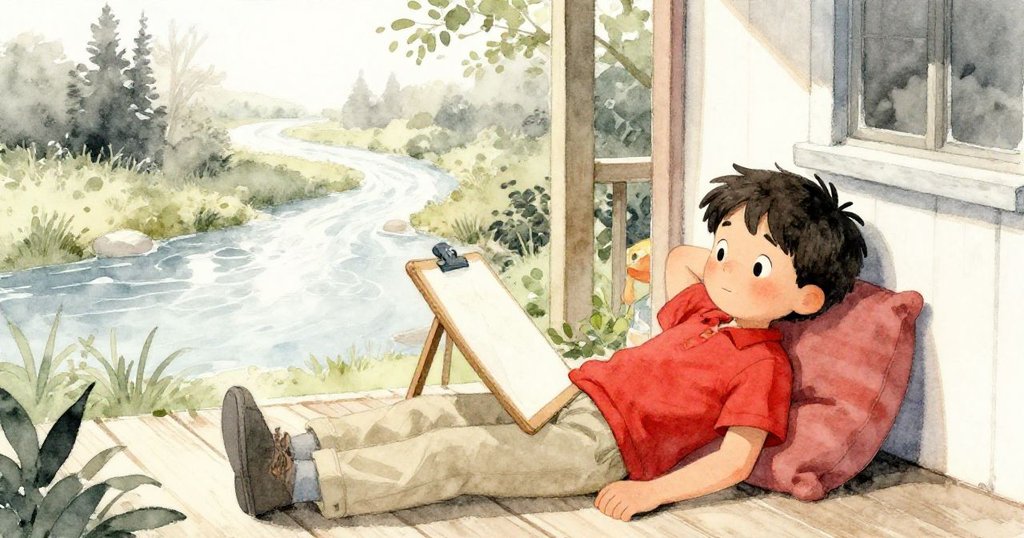 午後柔光中，路克在門廊上安坐休憩，滿足凝望著流動成溪的畫板，心境平和溫暖流露內心寧靜。