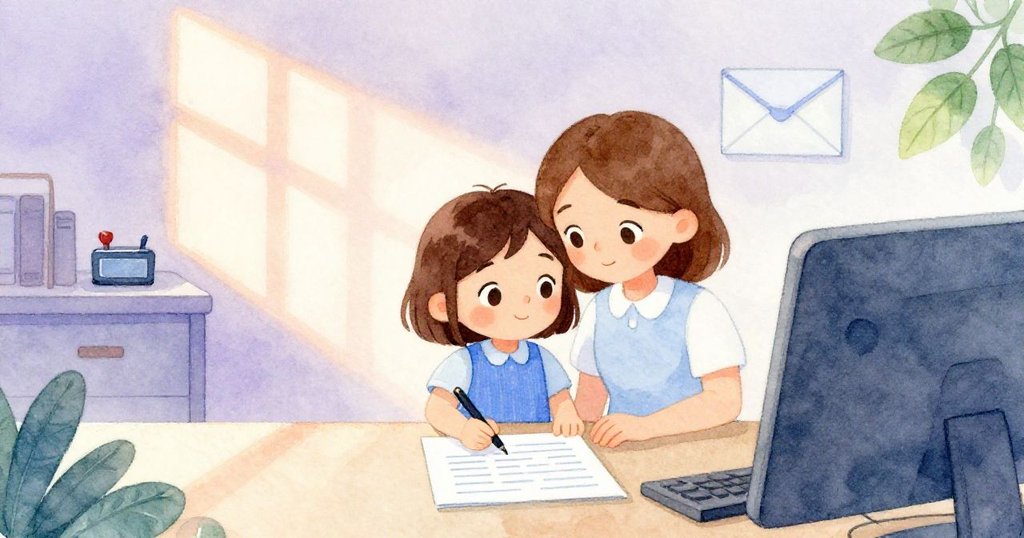 Ivy在辦公桌前努力填表,郵票墊敲打信封,背景是現代辦公室與荧光燈,她神情專注,展現故事開始的忙碌氣氛。