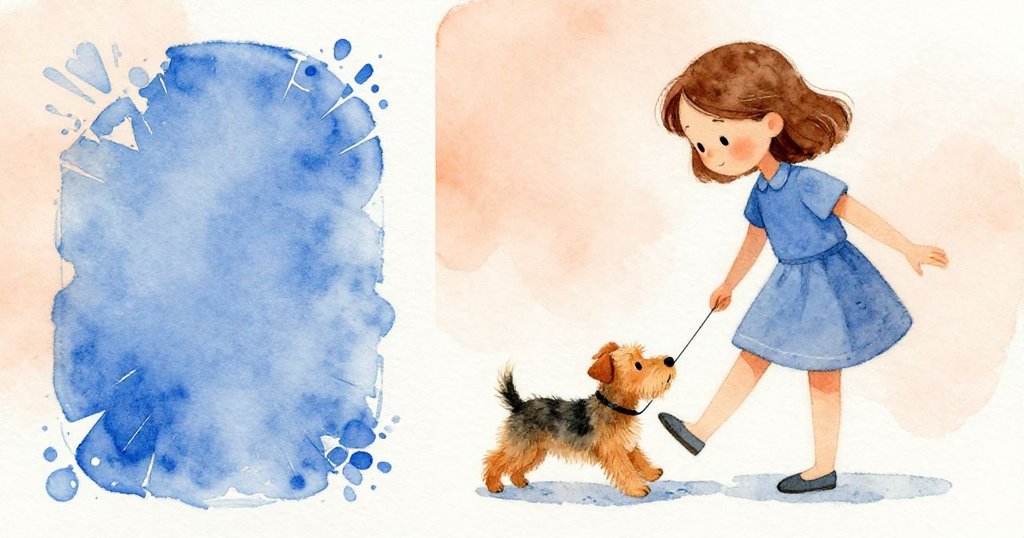 Ivy因表格滑落而退後,同時小狗用牽繩拉扯她的腳踝,兩個畫面並置,展現驚訝與混亂的瞬間。