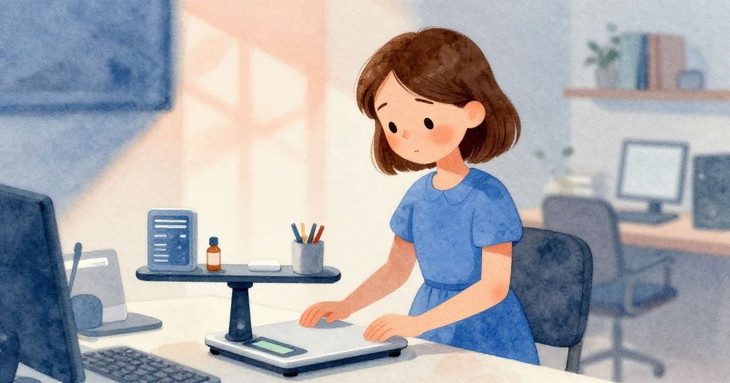 在數位秤前,Ivy緊張地壓下新表格,眼神堅定,周圍物品懸而未定,畫面充滿緊繃與期待的氛圍。