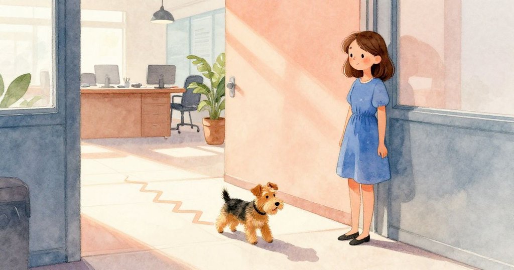 在充滿陽光的地磚旁,小狗悠然行走,Ivy在背後露出鬆弛神情,辦公室恢復寧靜,散發出溫馨與和諧的氛圍。