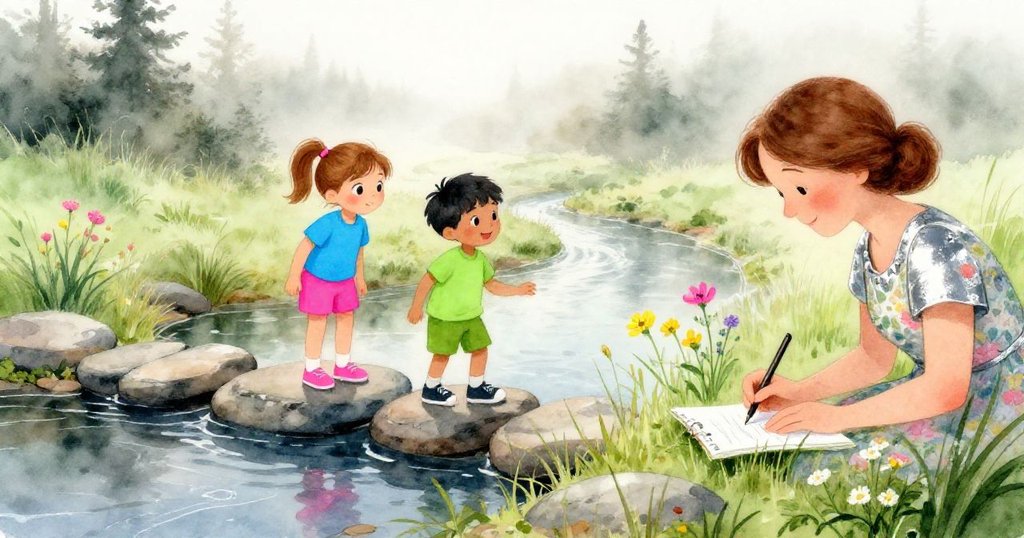 早晨薄霧中，Yvette與Archie在潺流小溪旁好奇觀看石橋，背景中溫柔的阿姨在淡草上寫生，場景充滿自然氣息。