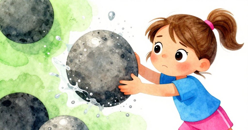 Yvette專注地舉起光滑的石頭，水花四濺，她的眼神堅定，面對溪流挑戰，近距離展現決心與自然力量。