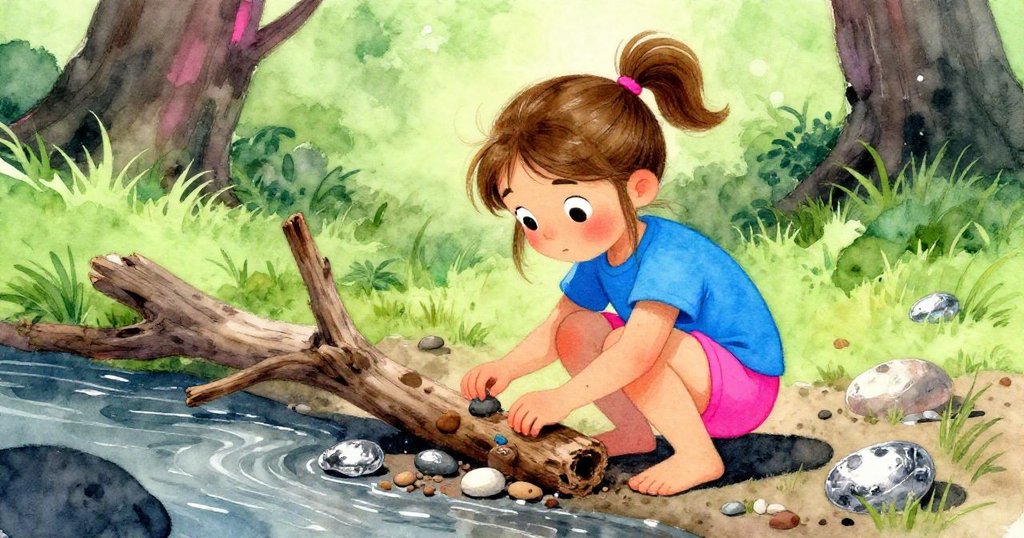 Yvette蹲下仔細觀察移位的木枝和鬆動的黏土，溪邊石塊散落，展現她面對自然挑戰的堅定與好奇。