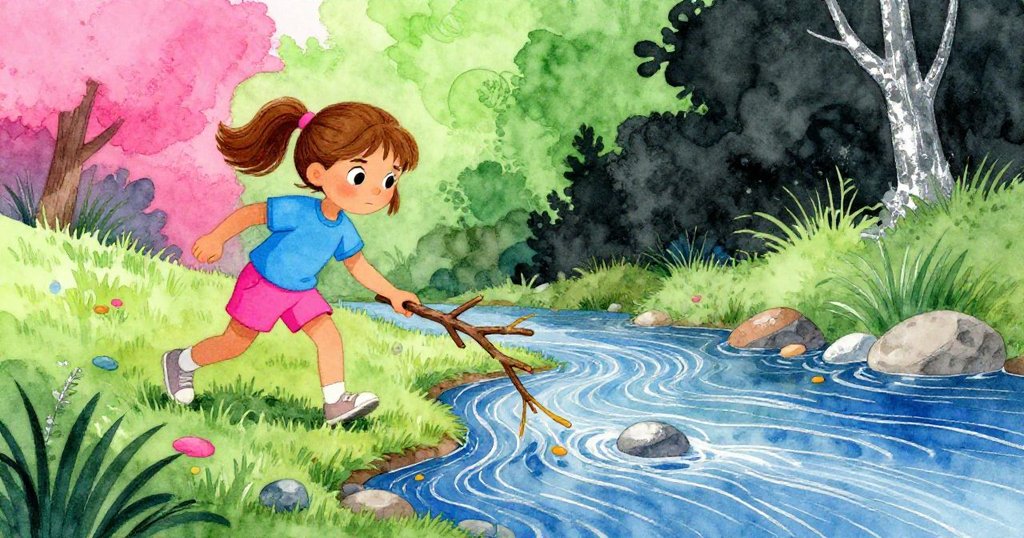 Yvette提著撿來的直木枝回到溪邊，溪中有多彩石子和銀光漣漪，動態背景映襯她修補溪堤的決心。