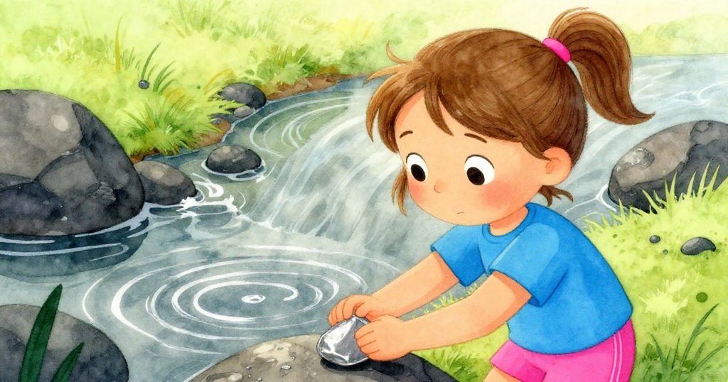 Yvette滿意地注視著修補好的溪堤，輕柔水紋映襯著木枝上的銀光環，沙地涼意襯出她戰勝挑戰後的寧靜。