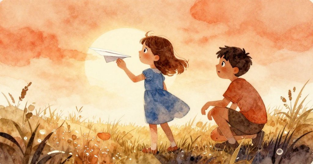 克拉拉檢查摺紙飛機的鼻痕，猶德蹲在露水濕潤的草地上，輪廓在明亮晨光中熠熠生輝，展現專注與好奇。