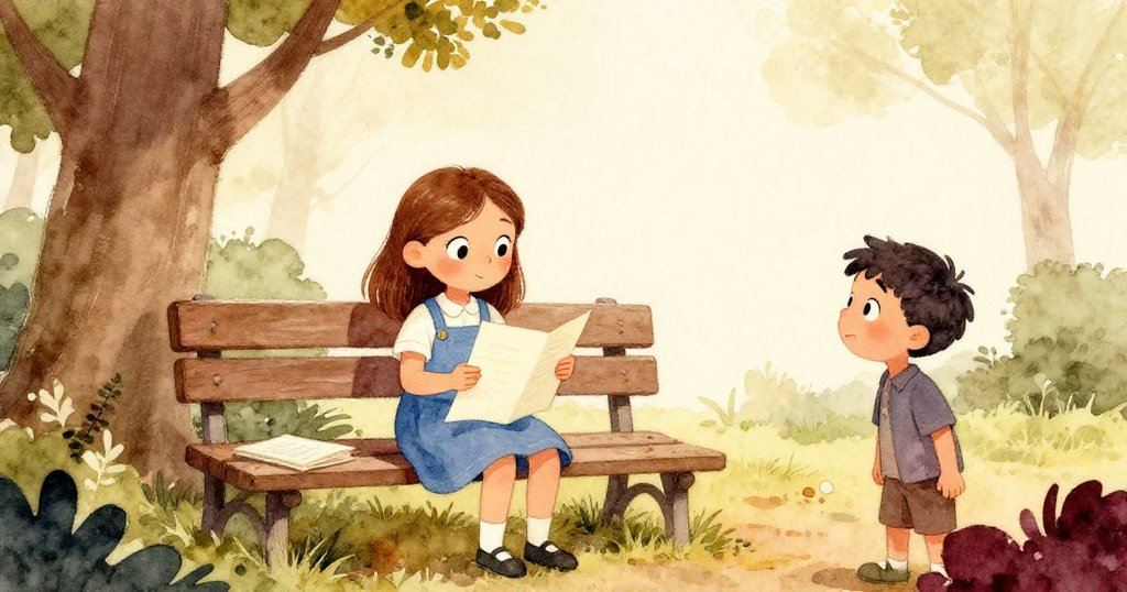 克拉拉在寧靜空曠的摺疊長椅上攤開新紙，猶德注視著露珠從摺痕滑落，背景留白突顯簡約安靜。