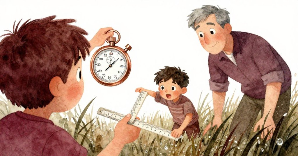 弗雷澤揮動秒表指揮節奏，猶德握著尺子在露珠草地中協同動作，從低角度視角展現生動律動。