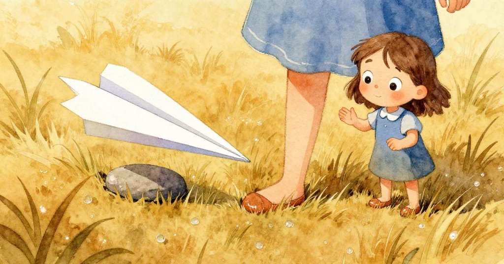 克拉拉腿旁的摺紙飛機在露水草地上滑動，她驚訝堅定表情映襯著石面與細膩紋理，動作生動。