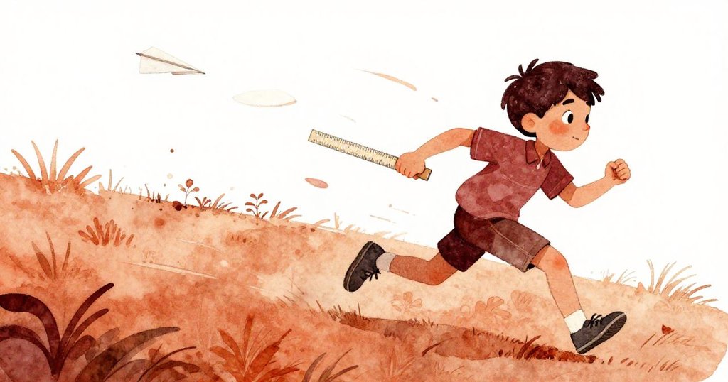 猶德揮動著尺子在草坡上追逐被微風吹起的摺紙飛機，臉上展現專注與急切動感，氛圍生輝。