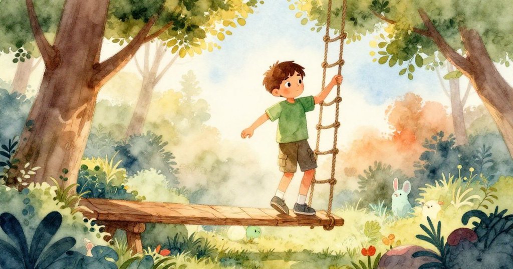 在柔和晨霧中，Noel從繩梯上踏下平台木板，背景展現後院樹冠與濕痕，充滿期待與冒險感。