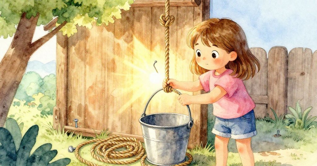 在早晨金光中，Dawn在木板邊小心盤繞繩子，檢查反光工具，神情專注並充滿好奇。