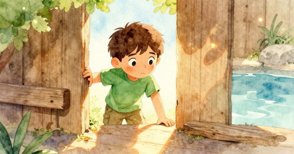 Noel透過木板縫隙注視高處反光區，表情中流露小心與驚奇，背景光影交錯，充滿探索意味。