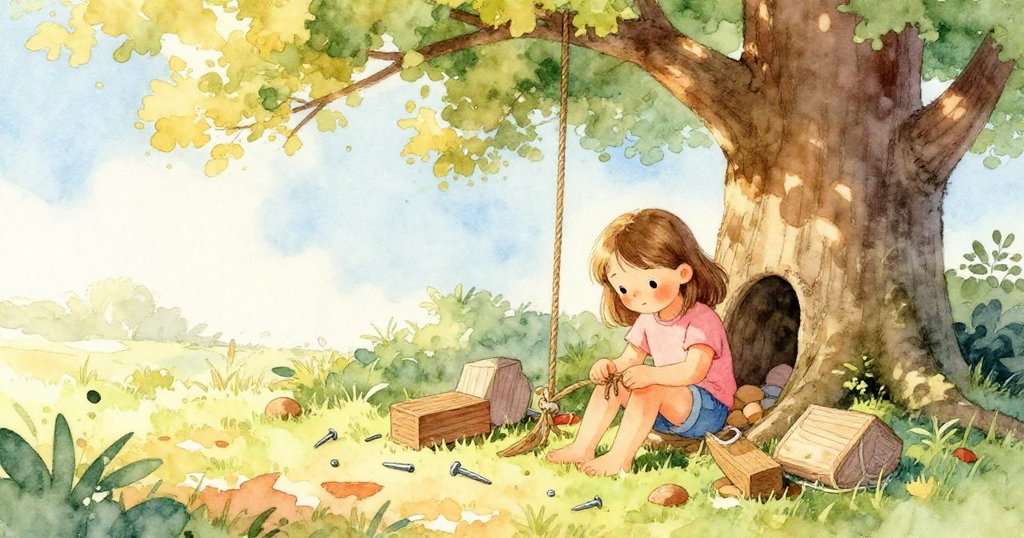 在樹蔭下新發現的角落中，Dawn整理著繩索，觀察散落釘子映出斑駁光影，神情充滿思索。