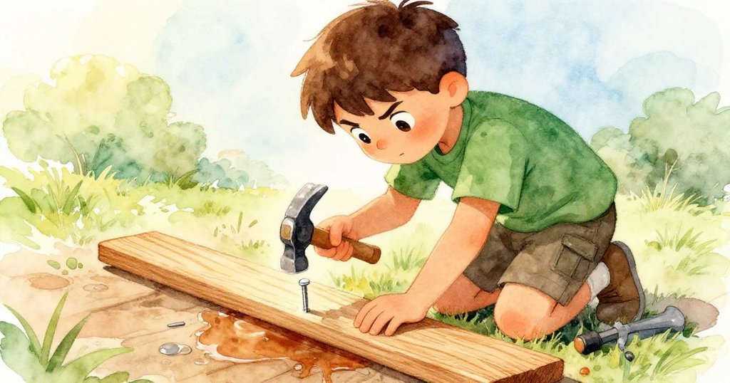 Noel專注蹲下，用新木板覆蓋逐漸消退的濕痕，同時用力釘入釘子，眼神堅定充滿決心。