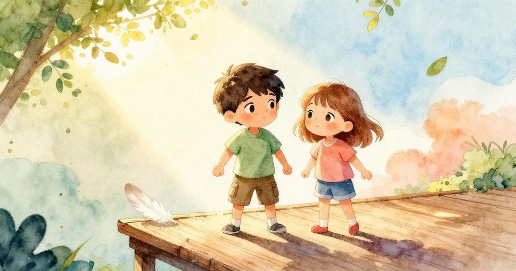 Noel將羽毛藏於木板後與Dawn重逢，兩人面帶笑容，在晨光和灑落葉痕中共享喜悅，故事迎來圓滿結局。