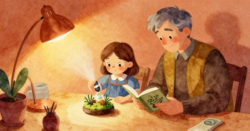 艾達在昏暗的桌前調整透明噴霧瓶中的微型景象，奧登在背後閱讀書籍，房間燈光營造出神秘氣氛。