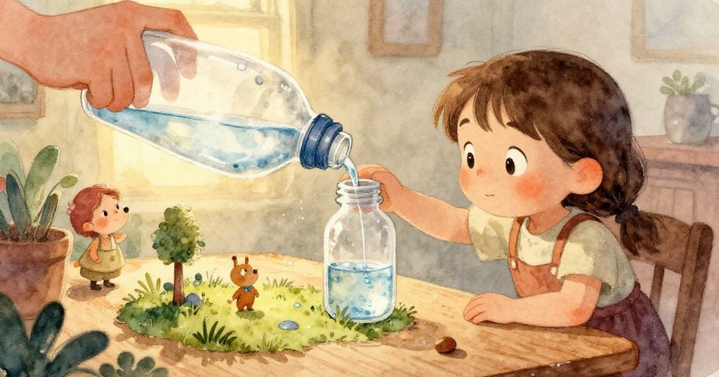 艾達的手用鑷子小心調整瓶中苔蘚，近距離展示瓶內煤灰、鵝卵石與精緻土質細節。