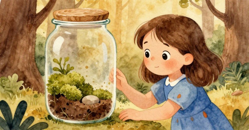 艾達專注地注視瓶中苔蘚、土壤與鵝卵石的微妙互動，層次豐富的景象令她沉思。