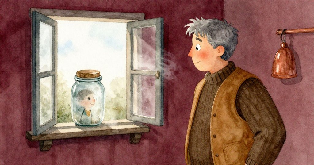 奧登注意到窗外涼風使瓶子起霧，室內光影變幻，帶出過渡時刻的神秘氣氛。