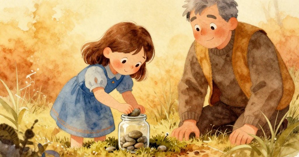 艾達專心將歪斜的鵝卵石扶正，周圍苔蘚重新擁抱，奧登在旁靜靜觀察，充滿溫暖決心。