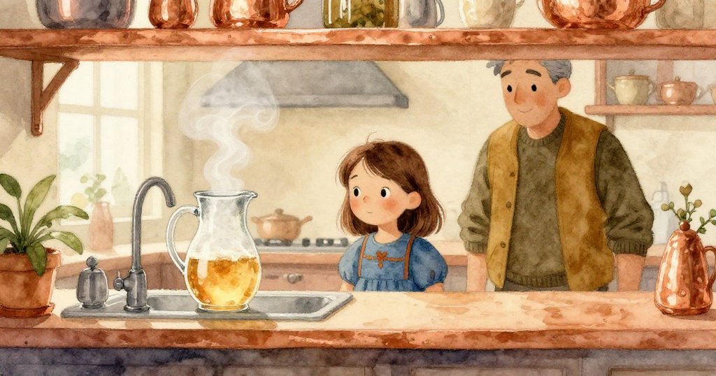 廚房架上玻璃水壺釋放細緻蒸氣，艾達回顧瓶中景象，奧登繼續閱讀，呼應故事初末的靜謐變化。