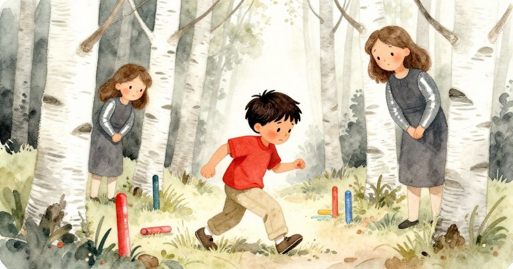 Cyrus踏入白樺森林，腳邊彩色標桿排列整齊，姐姐Wren從樹後輕現，陽光灑落，充滿期待與冒險感。