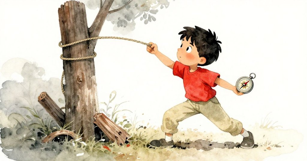 Cyrus用力纏繞尼龍繩於傾斜標桿，拉扯糾正方向，手中指南針指針搖晃，展現決心與奮鬥。